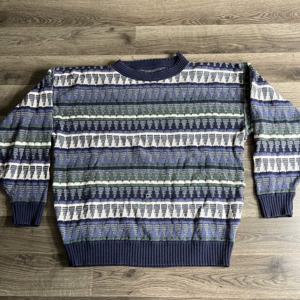 VTG Knit Sweater Mens Large Distressed Thrashed‎ 1980s Pullover Striped Cosby